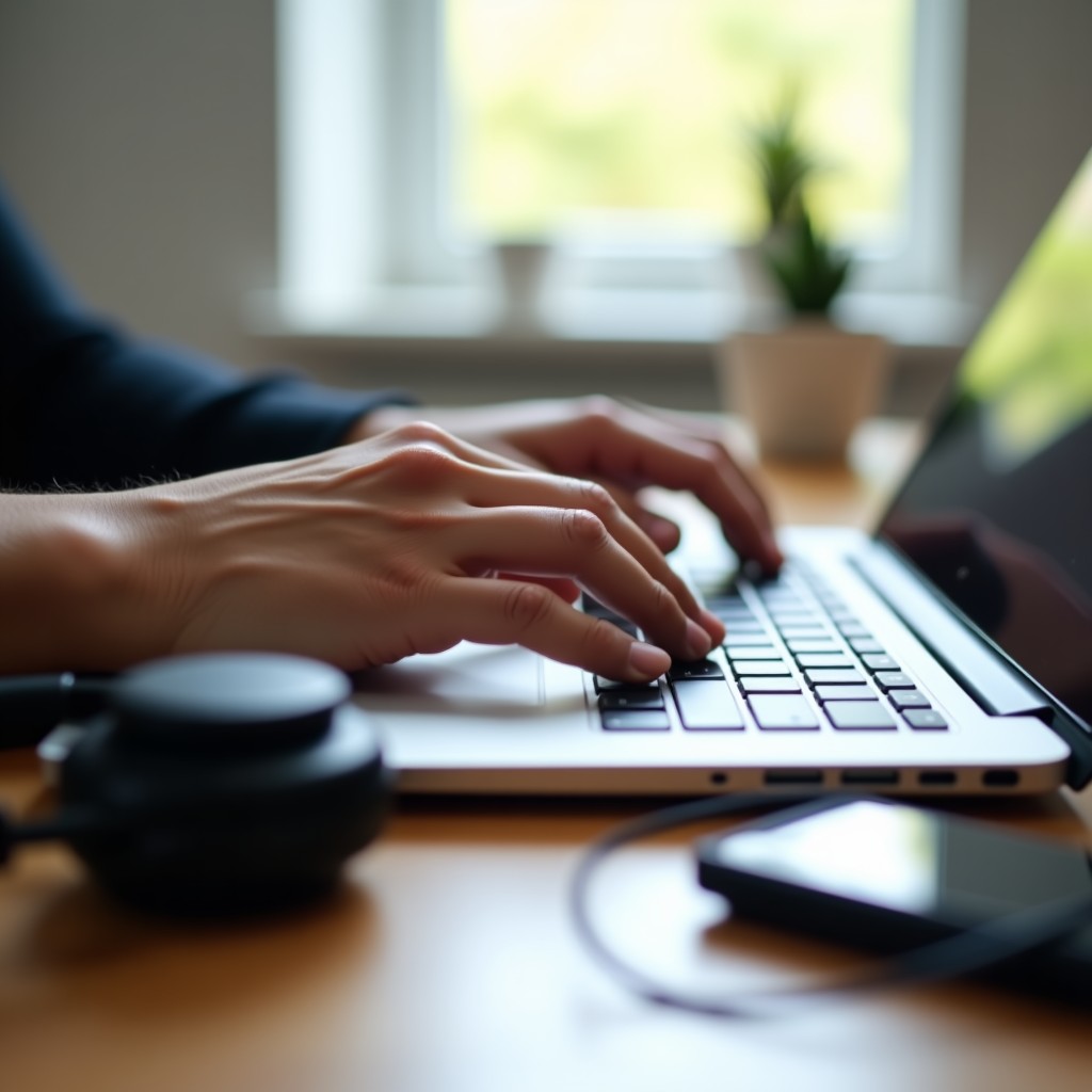 Hands on a laptop keyboard, with headphones on the desk beside it