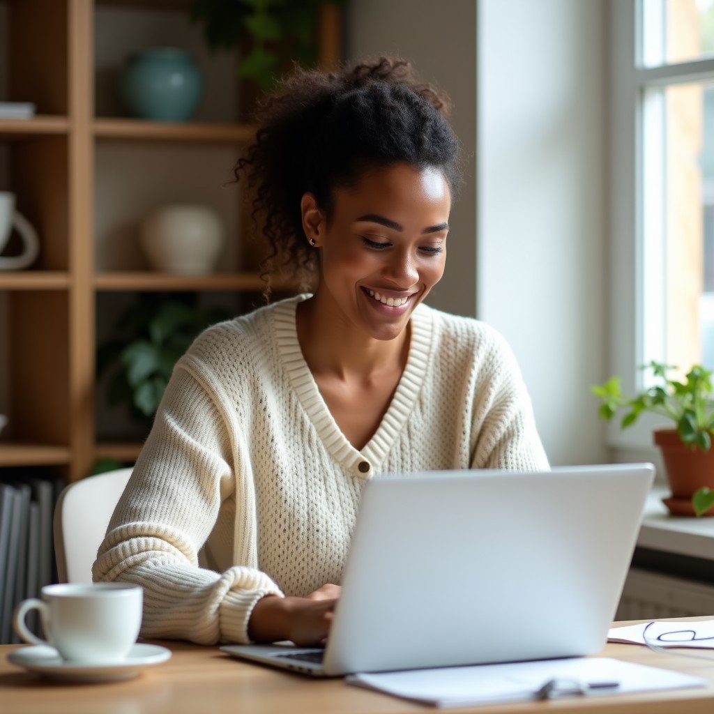 A nutrition practitioner at a laptop between clients, reading a short summary
