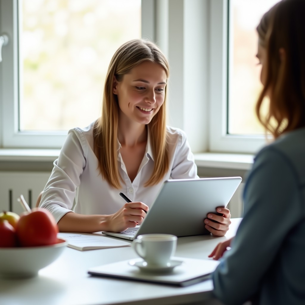 A nutrition practitioner charting a visit at the end of an appointment
