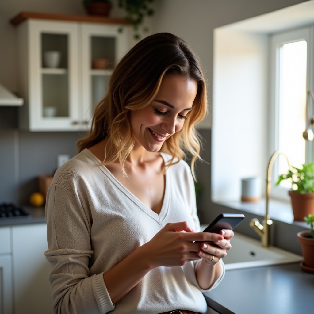 A client at home, checking her plan on her phone