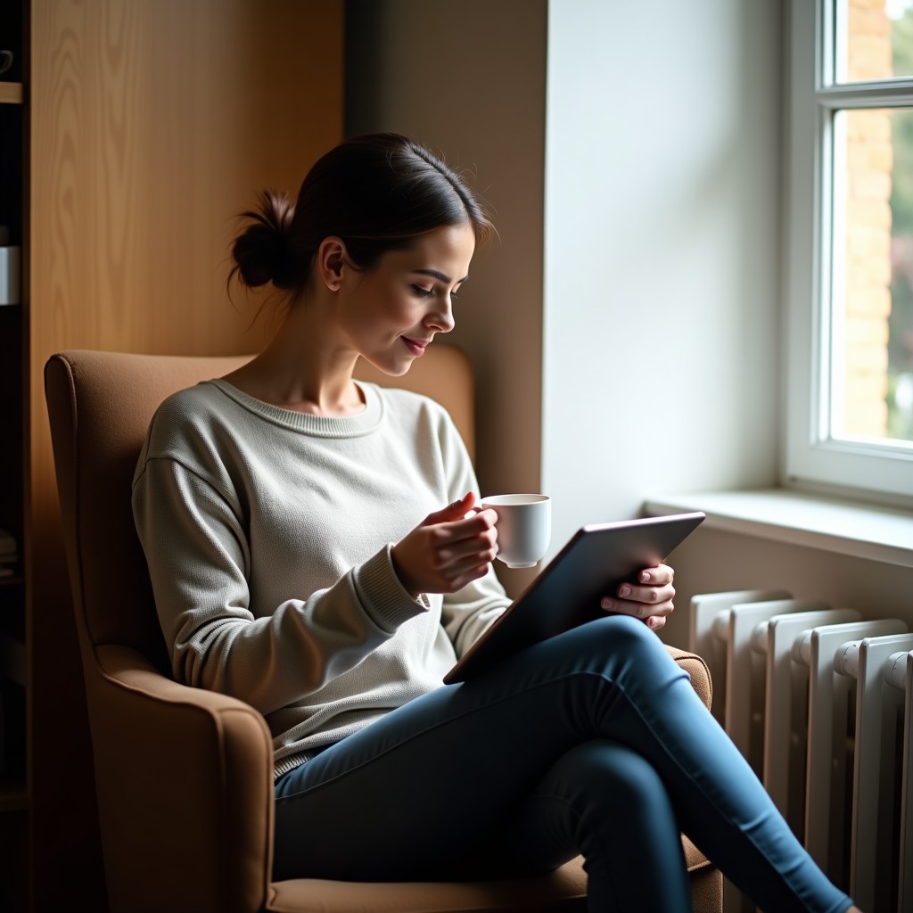 A practitioner reading on a tablet with a cup of tea