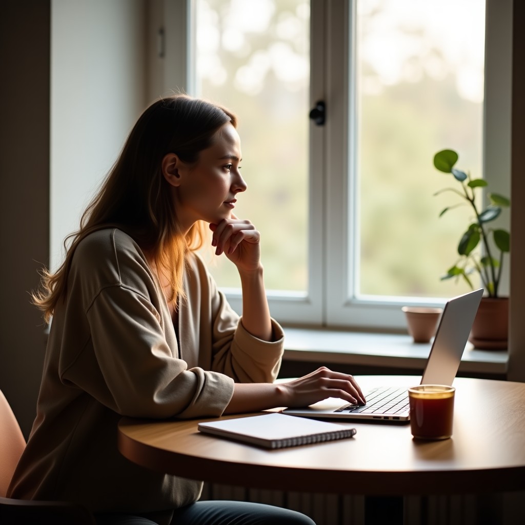 A practitioner at a table by the window, thinking over a laptop