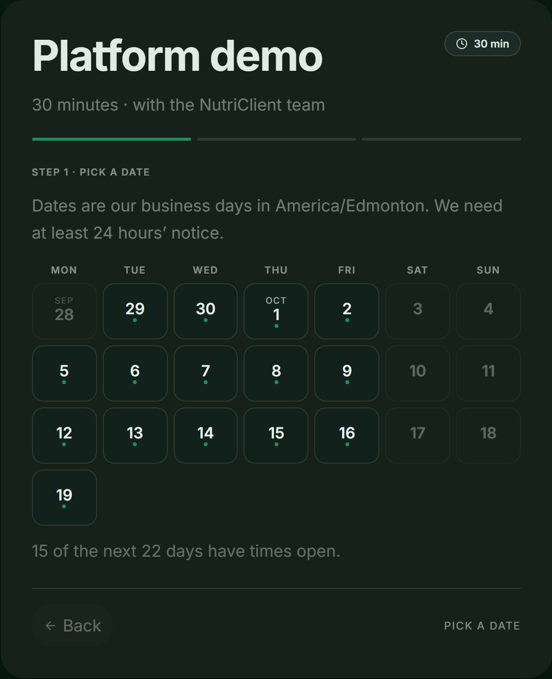 The demo calendar: choose a day, then a time