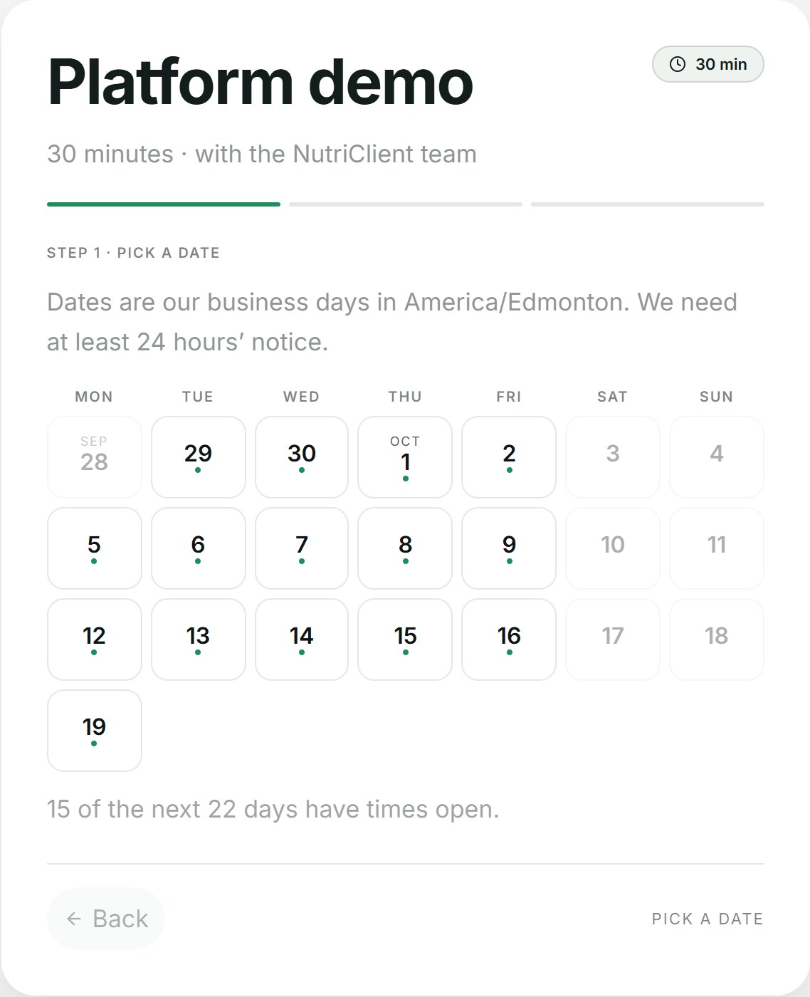 The demo calendar: choose a day, then a time