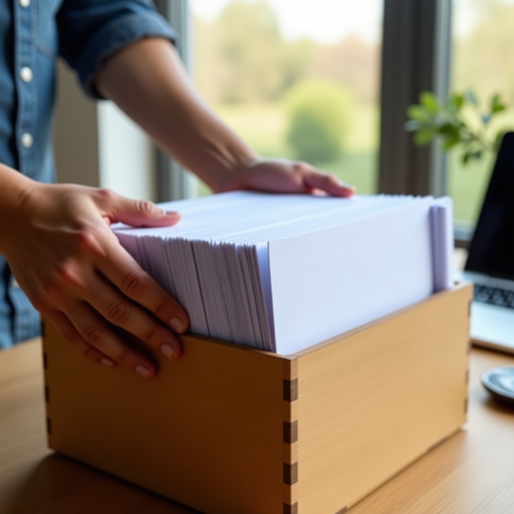 Hands placing a neat stack of folders into a storage box