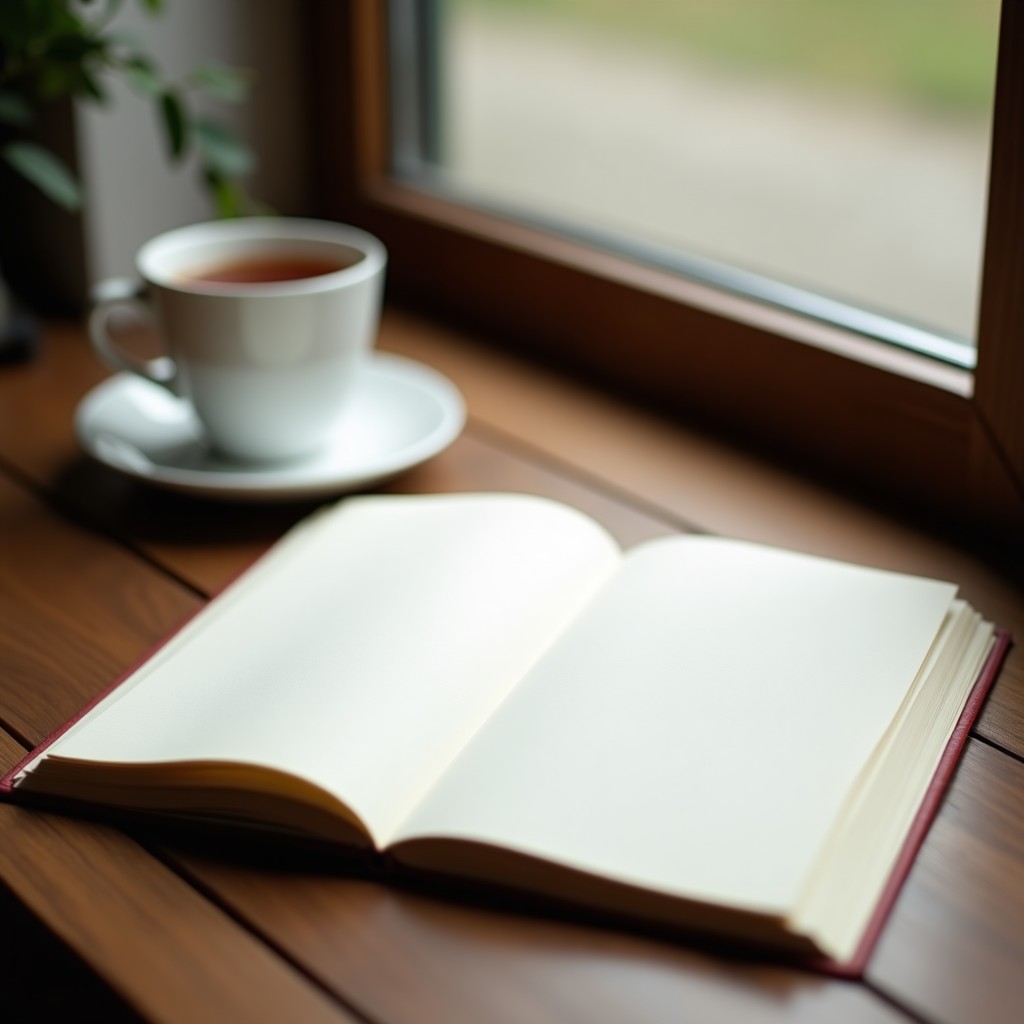 An open notebook and a cup of tea on a desk by a window in the morning