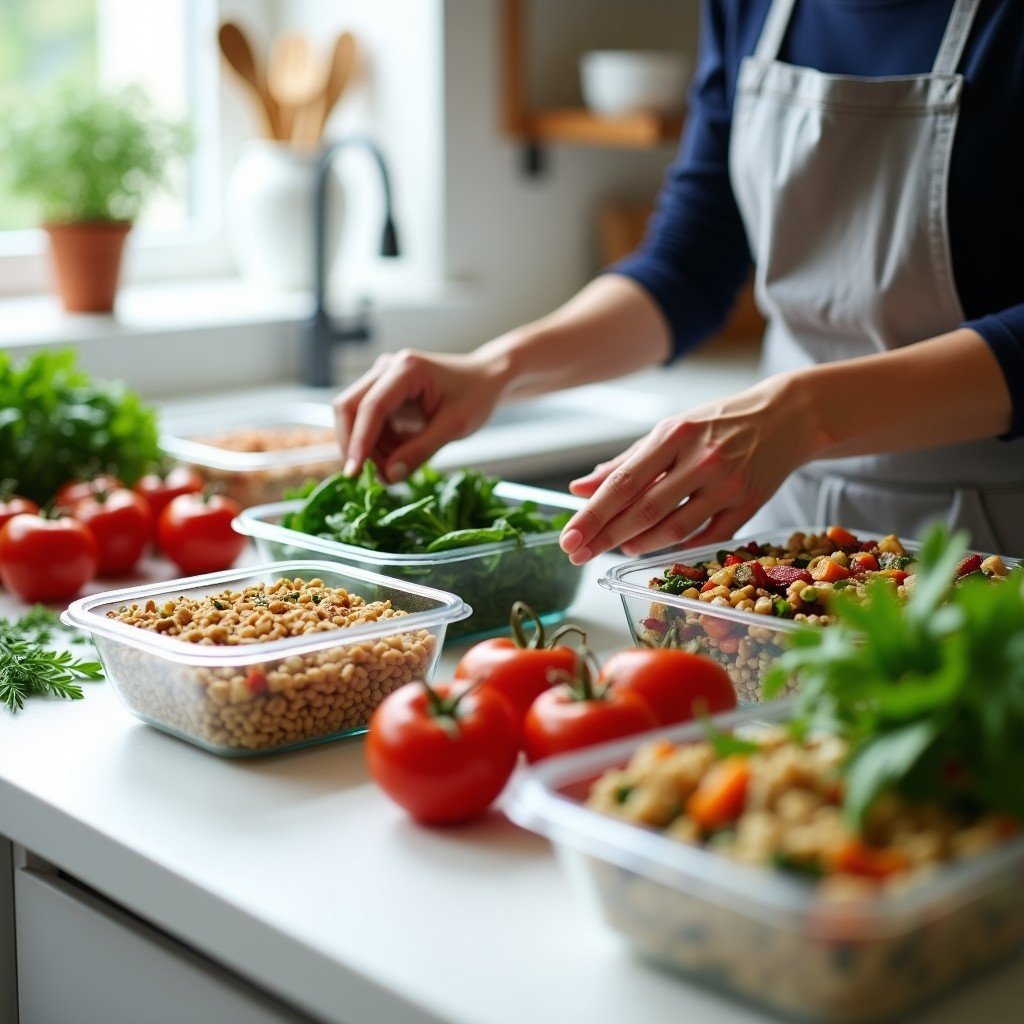 Hands arranging glass meal-prep containers on a kitchen counter