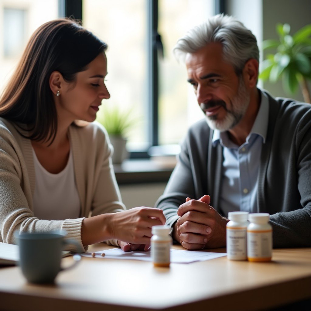 A dietitian and a client at a table with supplement bottles