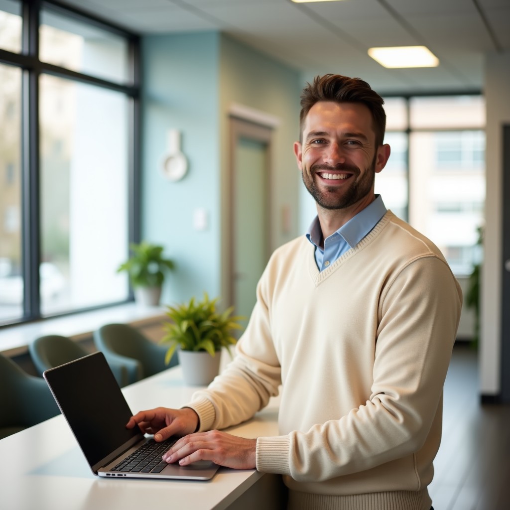 A practitioner at the front desk with a tablet