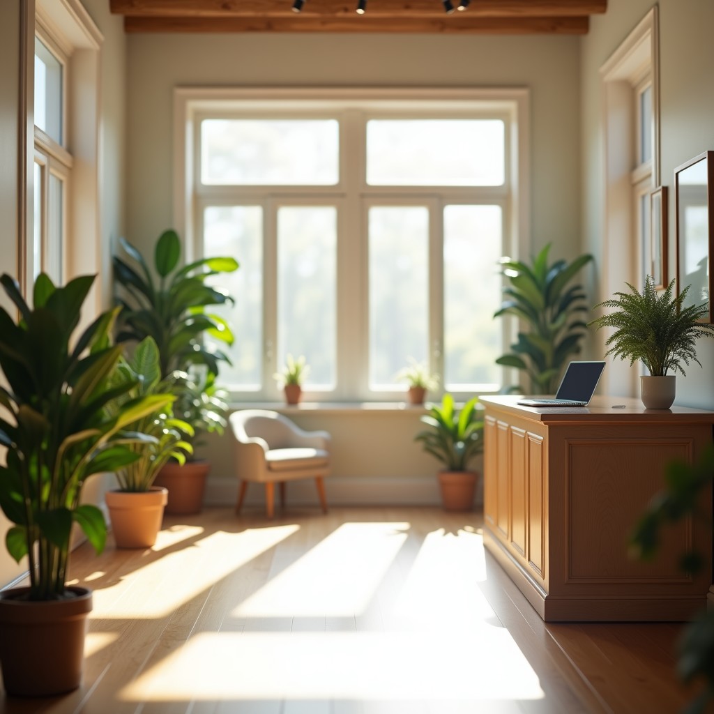 A calm, empty practice reception in the morning light