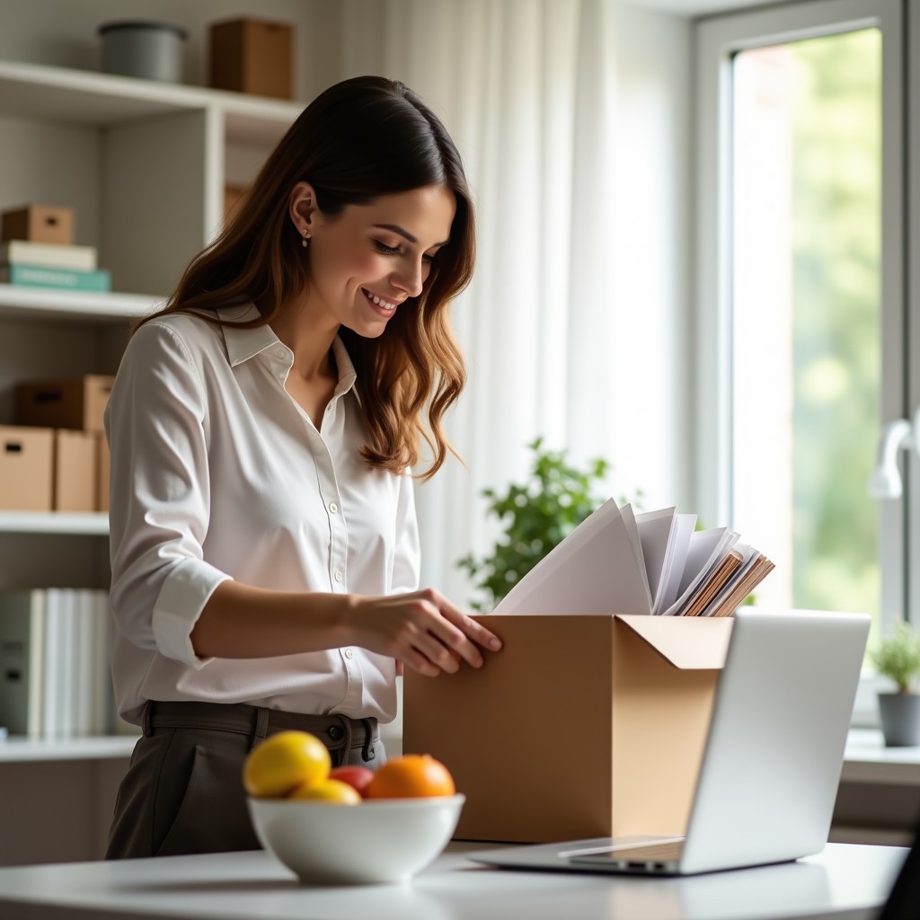 A practitioner unpacking a box of client folders in a bright new room