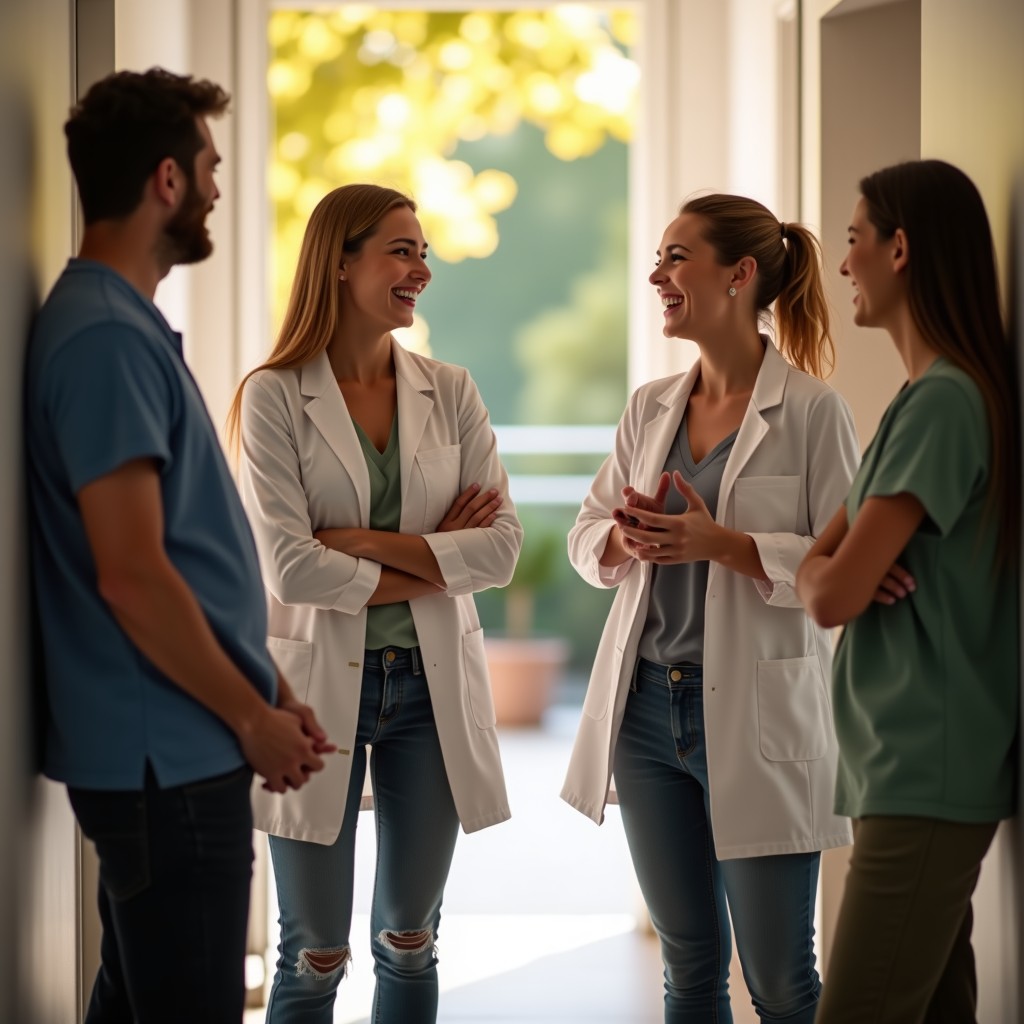 A small team of practitioners laughing together in the practice at the end of the day