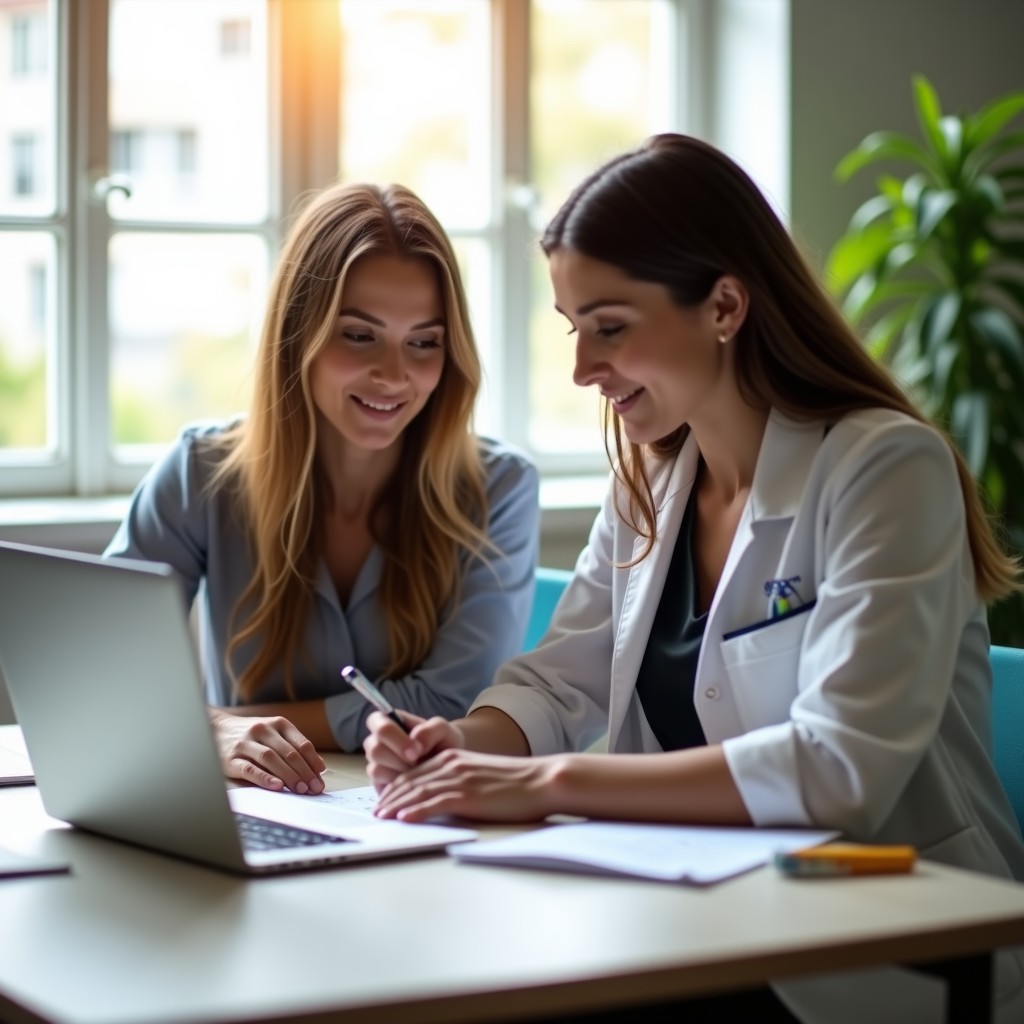 Two nutrition practitioners looking over notes together