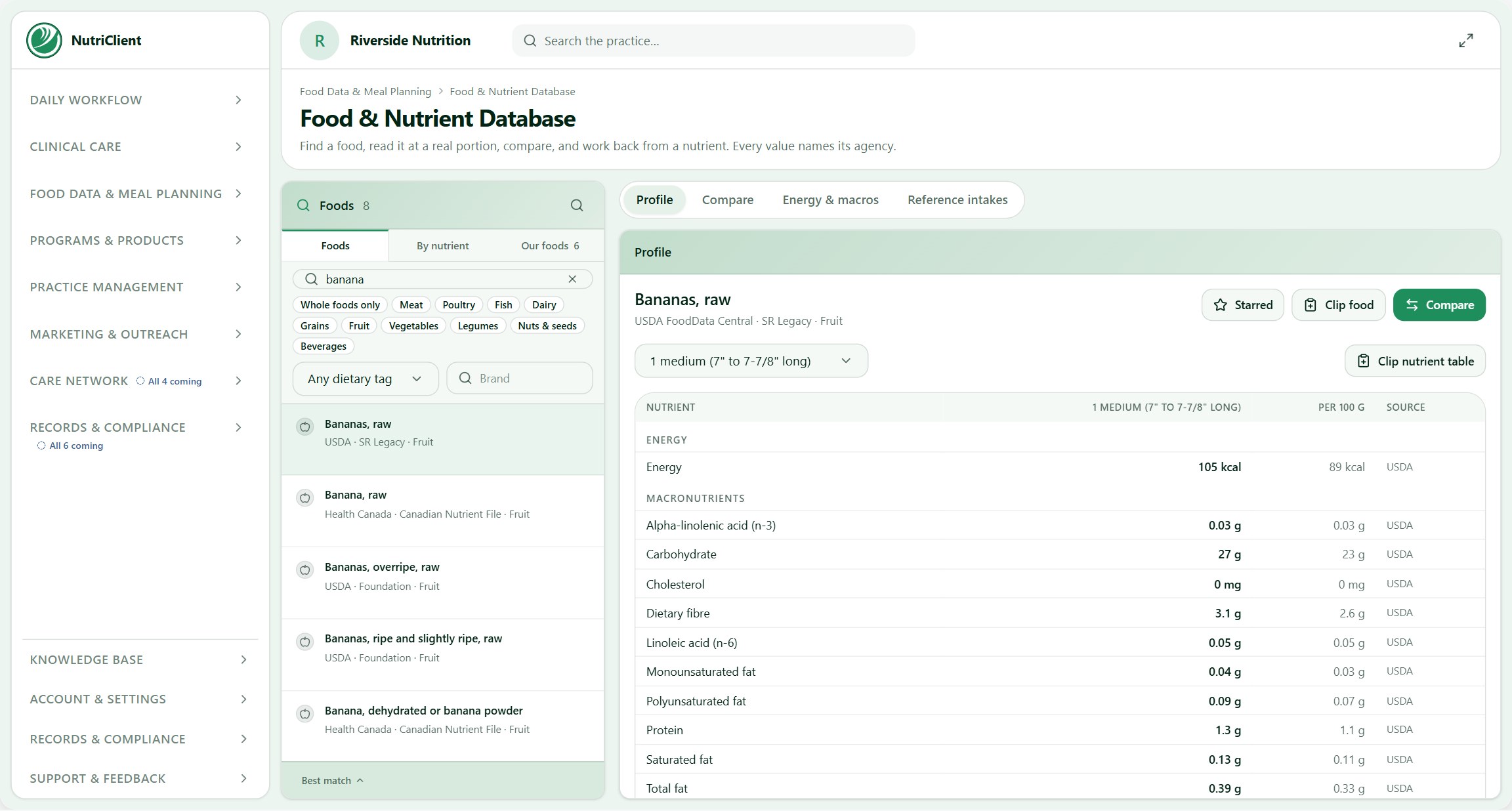Food Data in the practice app